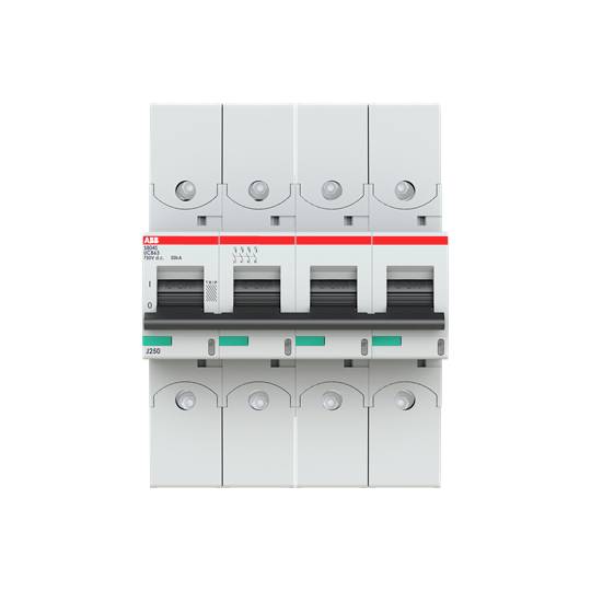 Ein weißer Schutzschalter mit vier Schaltflächen und grünen Markierungen, montiert in einem elektrischen Verteilerkasten.