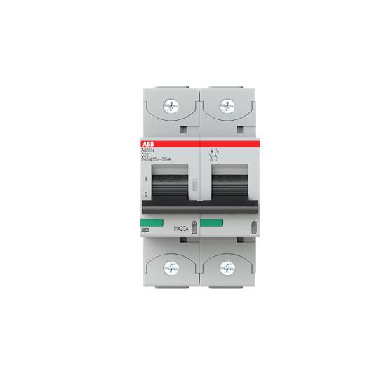 Leistungsschalter in grauem Gehäuse mit rotem Streifen, grüner Schaltstellunganzeige; Markierung: 'ABB', 'S203N'.