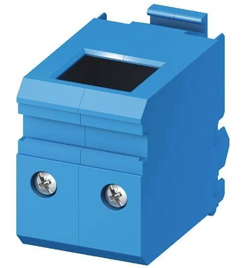 Ein blauer elektrischer Anschlussblock mit zwei Schrauben zur Befestigung. Entworfen für Sicherung und Verbindung von Kabeln in elektrischen Schaltkreisen.