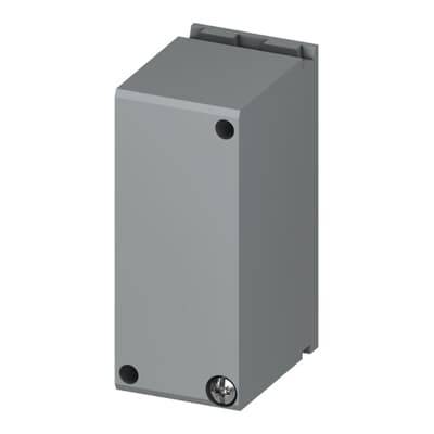 Silbergraues, rechteckiges mechanisches Bauteil mit Löchern an jeder Ecke und einer Schraube unten rechts.