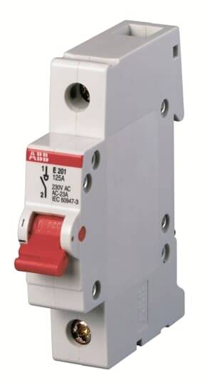Abbildung eines ABB-E 201-Leitungsschutzschalters, 125A, 220V AC, mit rotem Schalter. Geeignet für elektrische Schutzanwendungen.