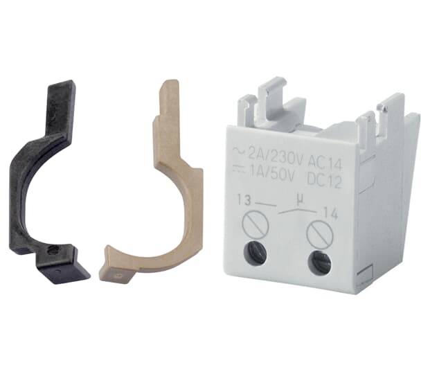 Graumodul mit technischen Angaben '2A/230V AC 14, 1A/50V DC12'. Zwei Haken links, schwarz und braun. Elektronik-Komponente.