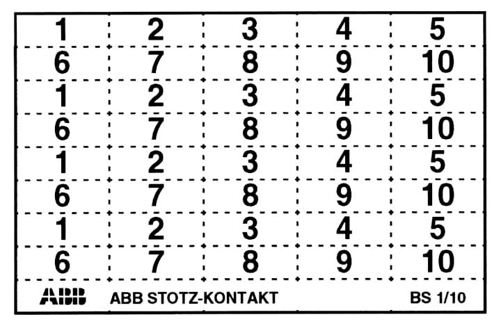 Braille-Tabelle mit Nummern von 1 bis 10 in sechs Zeilen, beschriftet mit 'ABB STOTZ-KONTAKT BS 1/10'.