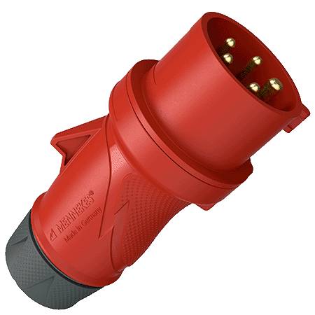 Roter, industrieller Stecker mit fünf Kontakten, für Hochleistungs-Verbindungen. Aufschrift 'Made in Germany'.