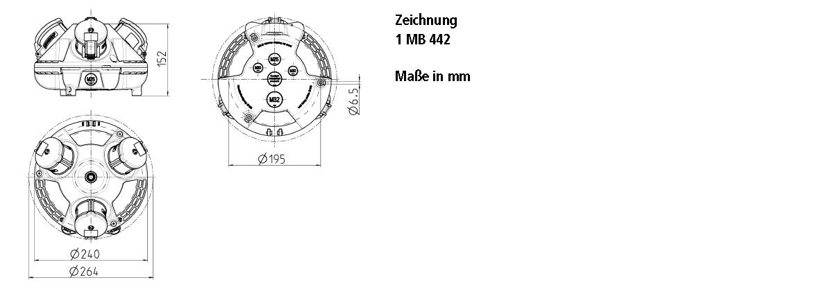 Dreiansichtige technische Zeichnung eines zylindrischen Bauteils mit verschiedenen Durchmessern. Maßangaben in Millimetern.