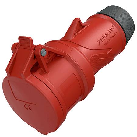 Ein roter, industrieller Drehstromstecker mit festem Gehäuse aus Kunstoff, geeignet für Hochleistungsanwendungen in der Elektrotechnik.