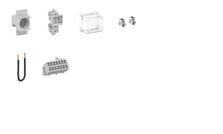 Verschiedene graue Kunststoffteile und ein schwarzes Kabelstück, wahrscheinlich technische Komponenten oder Steckverbindungen.