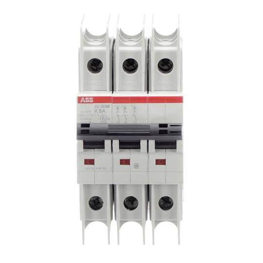 Ein dreipoliger Leistungsschalter von ABB mit einem roten Schalter und Beschriftungen für elektrische Spezifikationen.