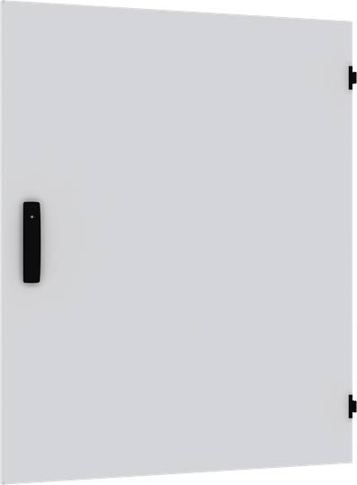 Weiße Tür mit schwarzem Griff und Scharnieren, schließt nach rechts; minimalistische Erscheinung.