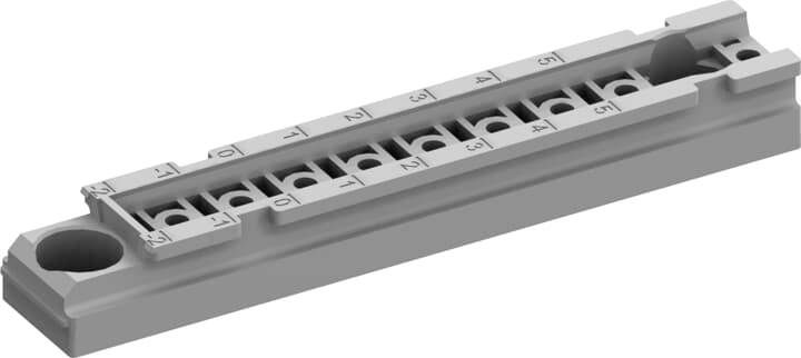 Graue elektrische Anschlussklemme mit seitlichen Schraubverbindungen und nummerierten Anschlüssen, in rechteckiger Form.