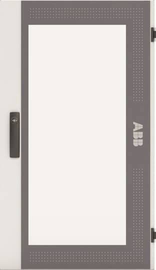 Braune Tür mit Glaseinsatz und Türgriff links, rechter Rand zeigt 'ABB'-Logo.