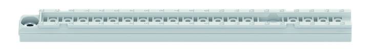 Lichtgraue Klemmschiene mit sechzehn Anschlussstellen, montierbar, für elektrische Verkabelung.