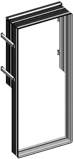 Ein rechteckiger Fensterrahmen aus Metall in Schwarz-Weiß, seitlich zwei Scharniere angebracht.