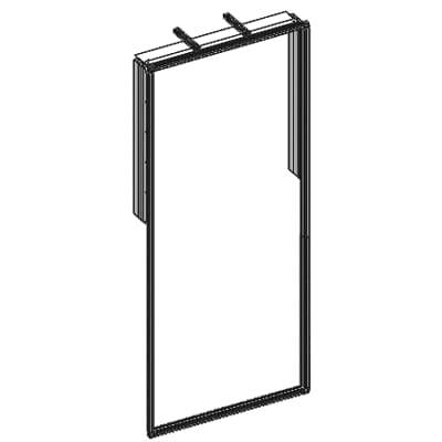 Isometrische Zeichnung eines rechteckigen Rahmens mit Schlaufen oben, möglicherweise Teil eines Schiebesystems oder einer Halterung.