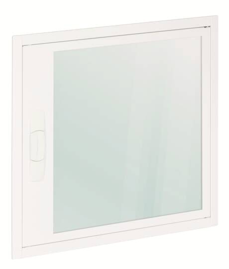 Ein weißer Rahmen mit einer Glasscheibe, möglicherweise ein Fenster oder eine Glastür, vor einem neutralen Hintergrund.
