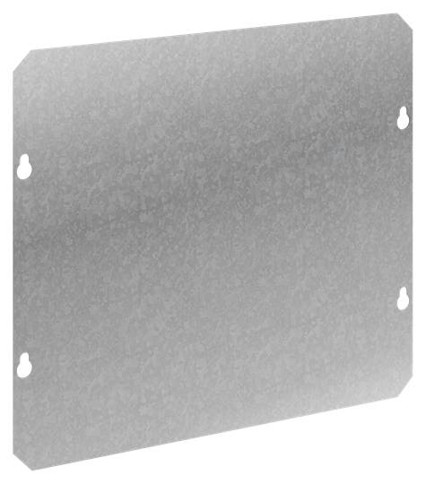 Rechteckige graue Metallplatte mit abgeschrägten Ecken und Bohrungen an den Seiten für Befestigungszwecke.
