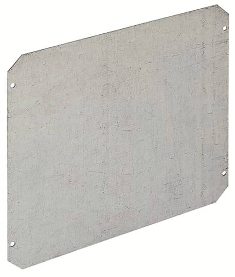 Metallplatte mit vier Bohrlöchern an den Ecken, leicht schräg dargestellt. Oberfläche strukturiert und matt.