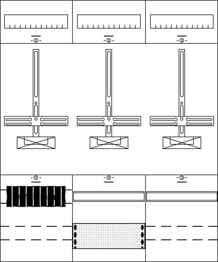 Diagramm mit drei vertikalen Hebeln oben, verbunden mit einem Balken; unten drei horizontale Schlitze mit unterschiedlichen Mustern.