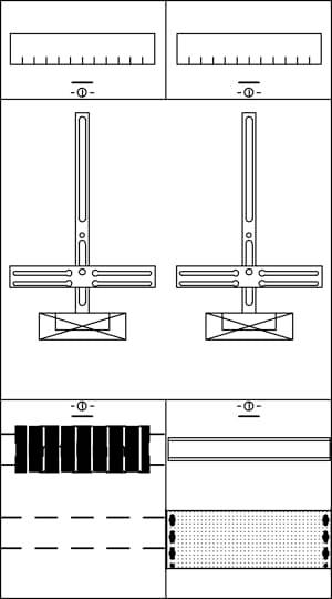 Maschine mit zwei ähnlichen vertikalen Schaltstellungen in der Mitte, darunter zwei horizontale Diagramme mit unterschiedlichen Mustern.