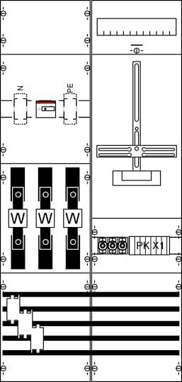 Diagramm eines elektrischen Schaltschranks mit Schaltern, Sicherungen und Steckverbindungen, die auf verschiedenen Plänen angeordnet sind.