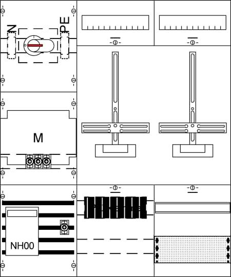 Elektrische Schaltpläne mit verschiedenen Symbolen, Schaltern und Sicherungen. Hauptsymbol ist NH00. Darstellung zur Verdrahtung.