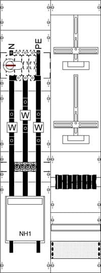 Schaltschema eines elektrischen Schaltschranks mit dreiphasigem Anschluss, Erdung und mehreren Sicherungen, angezeigt.