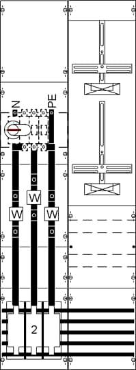 Technische Zeichnung einer elektrischen Schalttafel. Links Symbole für elektrische Schaltungen, rechts Schaltpläne mit vertikalen Linien.