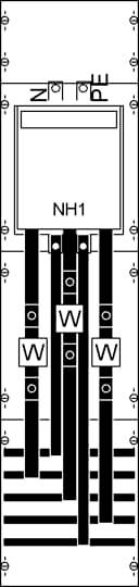 Schema einer elektrischen Verkabelung mit Beschriftung 'NH1'. Drei vertikale Leitungen sind mit 'W' markiert. Oben und unten befinden sich Verbindungen.