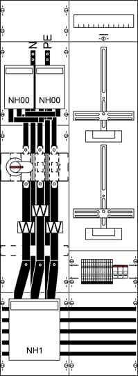 Diagramm eines Hauptschalters mit Sicherungen und Verkabelung, NH00- und NH1-Schalter, Erdung, Drehschalter, Verbindungen und Schaltpläne dargestellt.