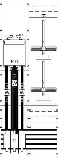 Technische Zeichnung eines elektrischen Schaltschrankplans mit Kabelverbindungen und Schaltkreisen. Oben 'NH1', unten Zahlen '2'.
