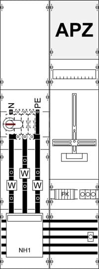 Diagramm eines APZ-Schaltschranks mit Schaltern und Leitungen. Hauptkomponenten: NH1-Sicherung, Schalter für Phase W, Neutralleiter (N) und Schutzleiter (PE).