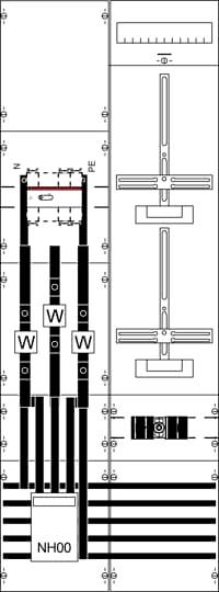 Diagramm eines elektrischen Schaltschrankes mit Sicherungen, Schaltern und Kabelverbindungen, beschriftet mit NH00.