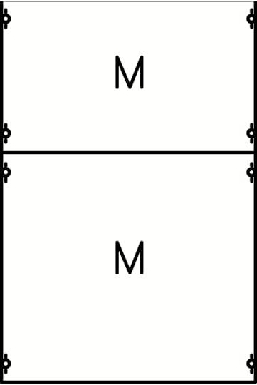 Zwei weiße Rechtecke übereinander mit einem 'M' in der Mitte jedes Rechtecks, getrennt durch eine horizontale Linie.