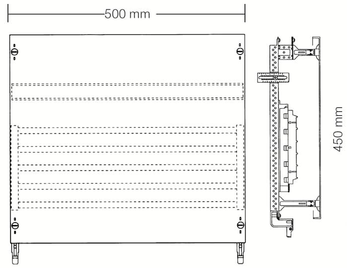Ansicht und Seitenansicht eines technischen Geräts mit den Maßen 500 mm x 450 mm. Details zu Anschlüssen und Befestigungspunkten sichtbar.