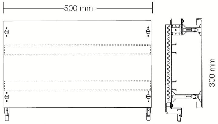 Zeichnung eines rechteckigen Metallgitters, 500 mm x 300 mm, mit Details der Seitenansicht und Platzierung der Befestigungselemente.