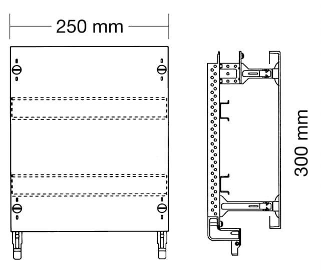 Technische Zeichnung eines rechteckigen Bauteils mit Maßen: 250 mm Breite und 300 mm Höhe, Vorder- und Seitenansicht gezeigt.