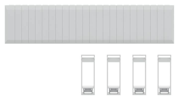 Ein langer grauer Balken oben mit vier kleineren grauen Rechtecken darunter, in einer Reihe angeordnet.