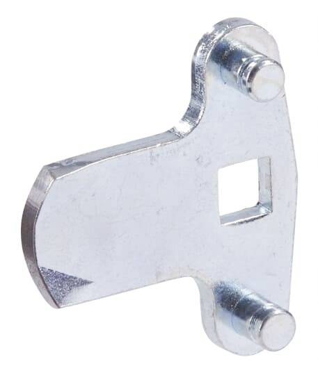 Metallschlüssel mit rechteckiger Öffnung, zwei hervorstehenden Bolzen und silberner Oberfläche. Verwendet für spezielle Schlösser.