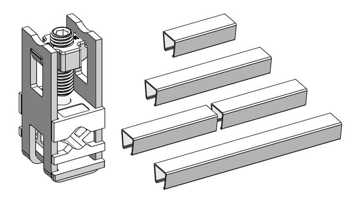 Mechanischer Klemmenblock links, daneben fünf rechteckige Metallprofile in verschiedenen Größen.