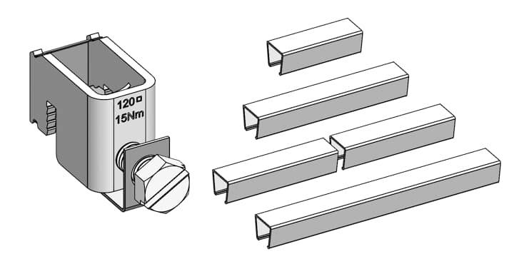 Montagehalterung mit Schraube, markiert mit 120° und 15 Nm, rechts daneben fünf metallische Schienen in verschiedenen Längen.