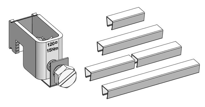 Montageset mit Klemme und fünf silberne Leisten. Auf der Klemme steht '120° 15Nm'. Geeignet für Konstruktionen oder Halterungen.