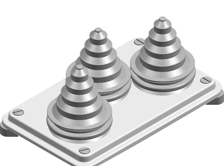 Drei gestufte Metallkegel auf einer rechteckigen Platte; technische Darstellung eines mechanischen oder elektrischen Bauteils.