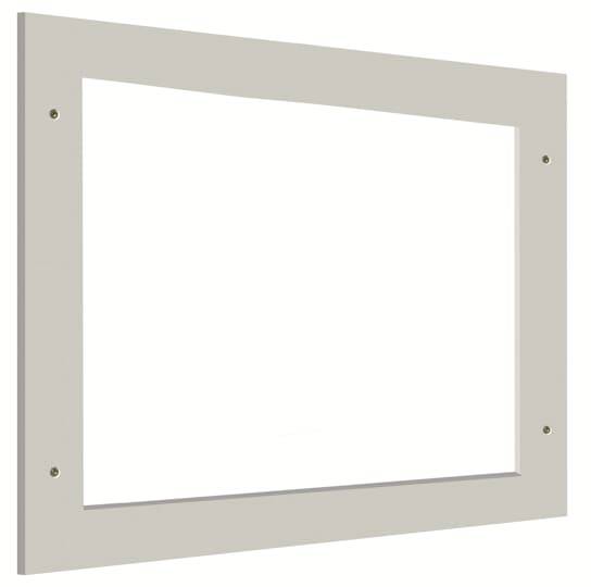 Rechteckiger, leerer Bilderrahmen in Beige mit sechs sichtbaren Schrauben an den Seiten.