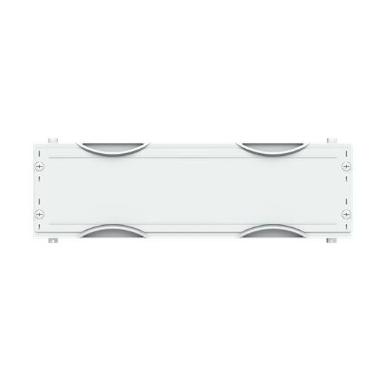 Ein rechteckiges, weißes Objekt mit abgerundeten Ecken und vier metallischen Befestigungspunkten.