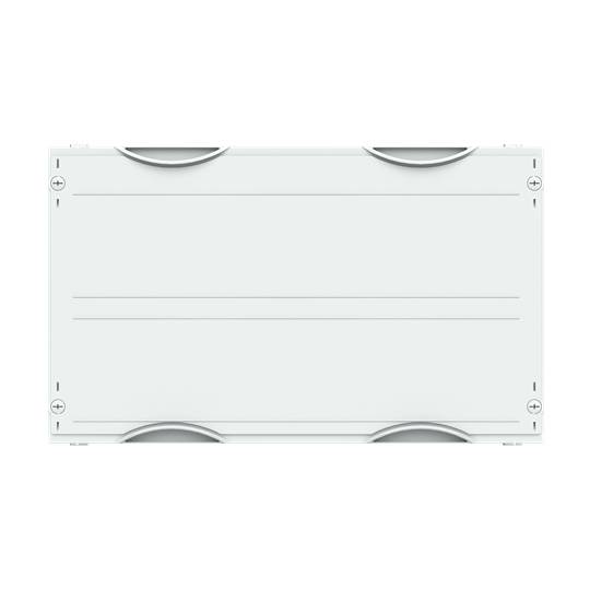 Ein rechteckiges, weißes Metallgehäuse mit vier Schrauben an den Ecken und abgerundeten Kanten.