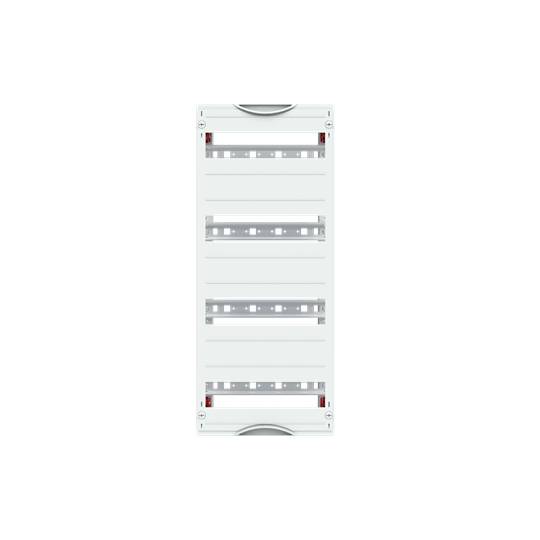Ein leerer, weißer Verteilerkasten mit drei horizontalen Reihen für elektrische Schalter oder Sicherungen, ohne sichtbare Komponenten.