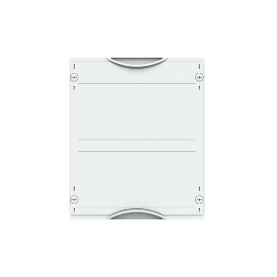 Ein rechteckiges, weißes Schild mit Schrauben an den Ecken und zwei eingravierten Linien, möglicherweise für Beschriftungen gedacht.