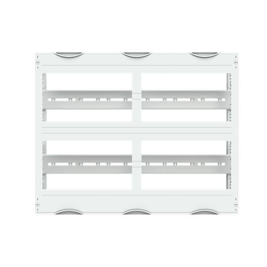 Weißer modularer Verteilerkasten mit offenen Halterungen für elektrische Installationen, geeignet für vier Reihen von Komponenten.