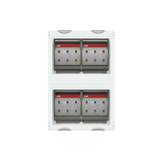 Ein weißes elektrisches Schaltschrankgehäuse mit zwei Reihen aus jeweils vier grauen und roten Schaltern in einer symmetrischen Anordnung.