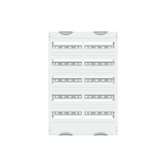 Ein leerer, weißer Verteilerkasten mit mehreren Schienen und Einbauschächten für Elektrokabel. Ideal zur Installation und Organisation elektrischer Komponenten.